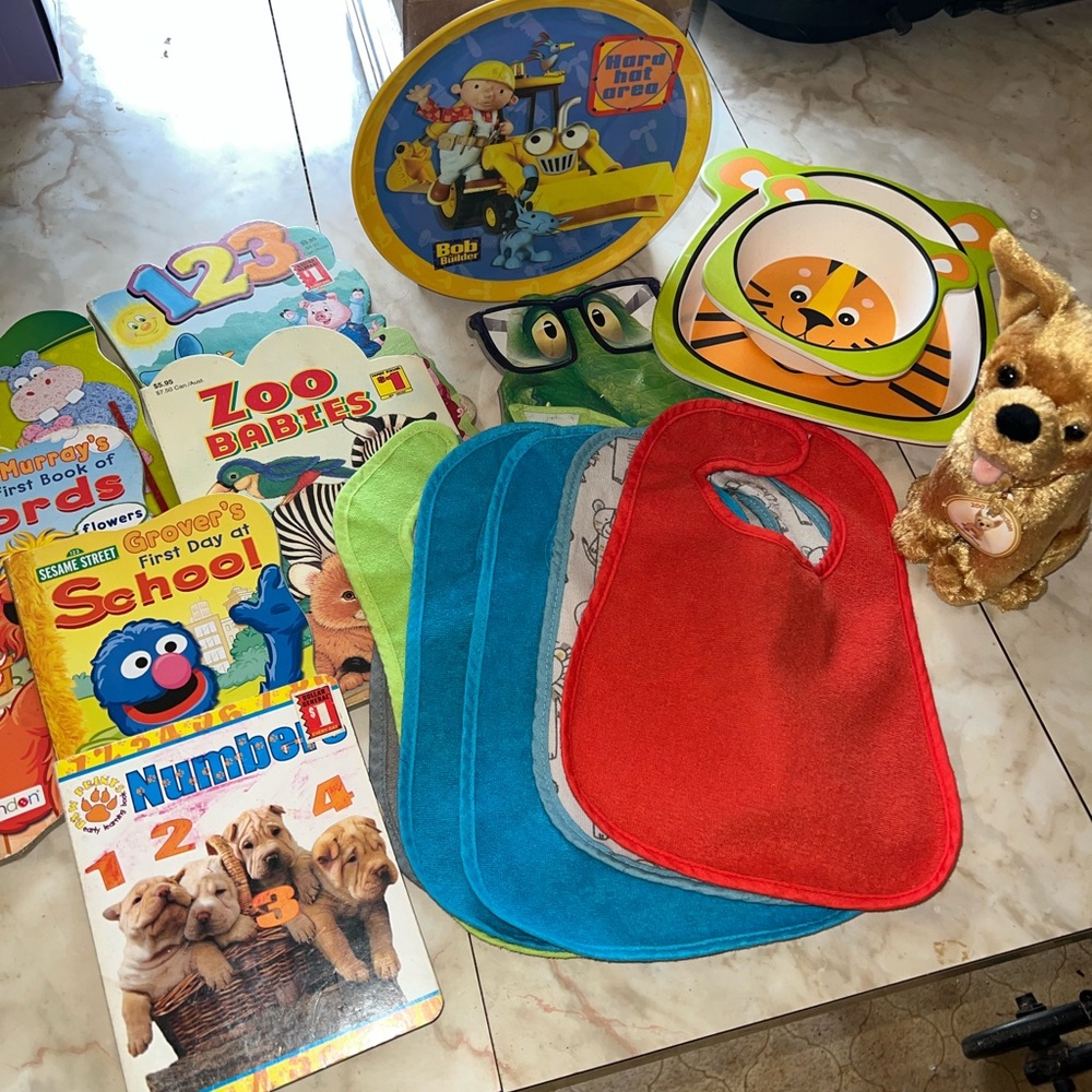 Colorful Kids Toy Set with Books and Bibs